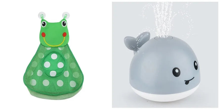 Electric whale-shaped baby bath toy with water spray, LED lights, and automatic water sensor