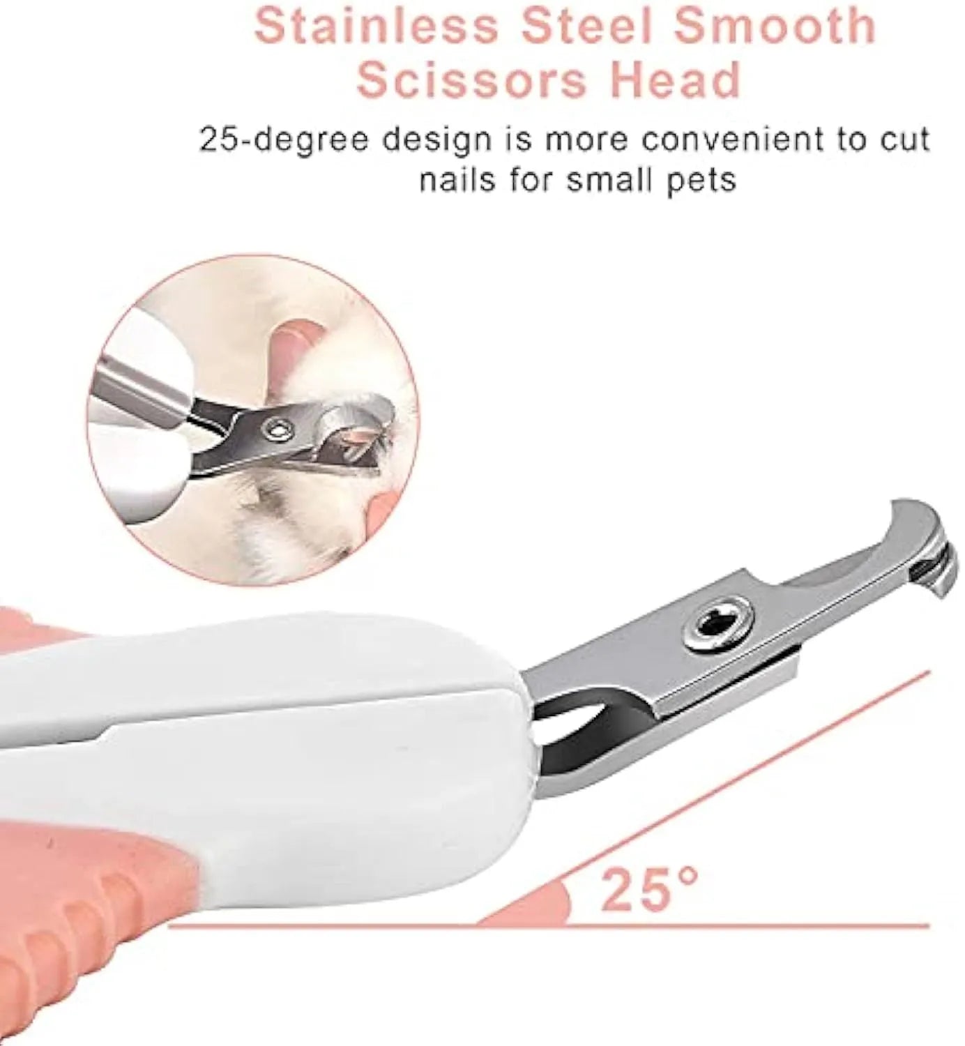 Grey and pink angled blade cat nail clippers with safety guard on a non-slip handle