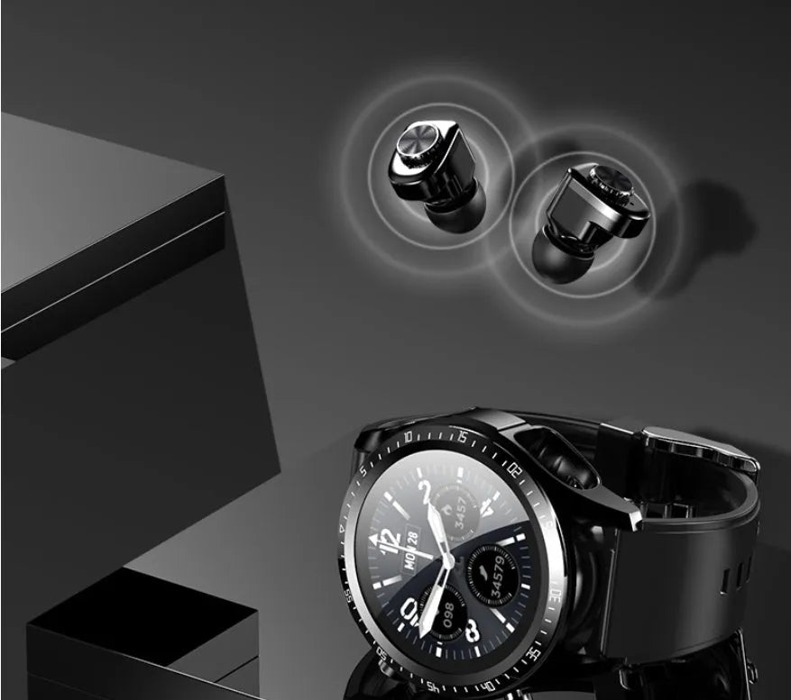 Black smart watch with blood pressure monitoring on a silicone strap, showing its 1.28-inch touchscreen display.