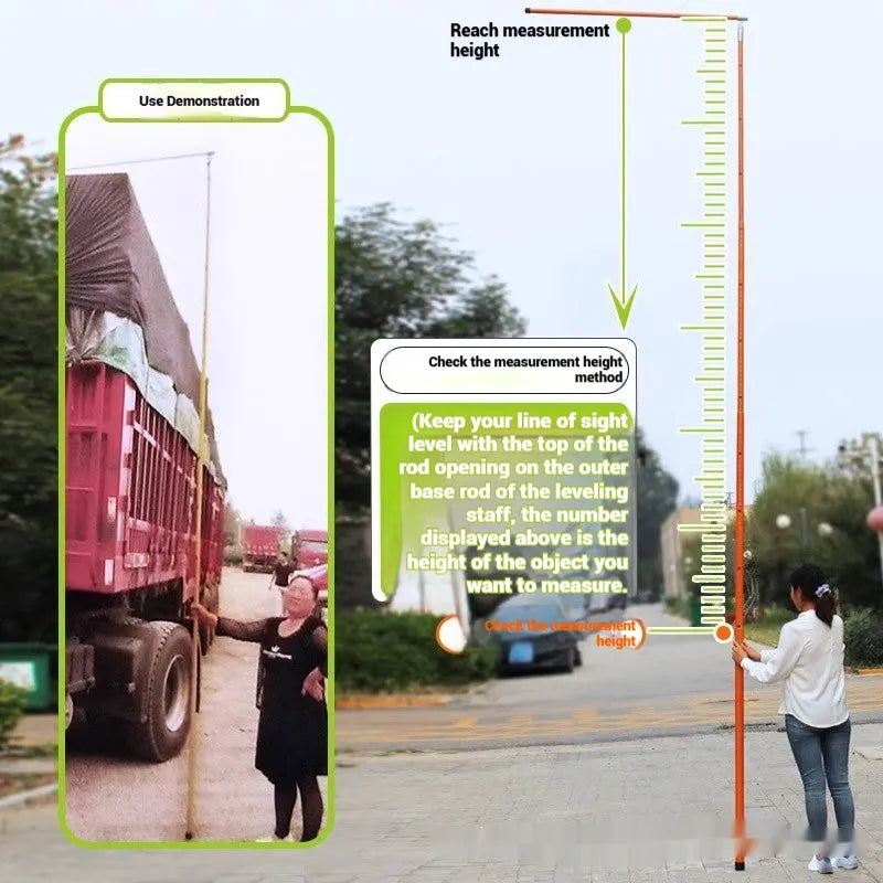 Telescopic cargo truck height measuring rod showing extended glass fibre construction with clear scale markings