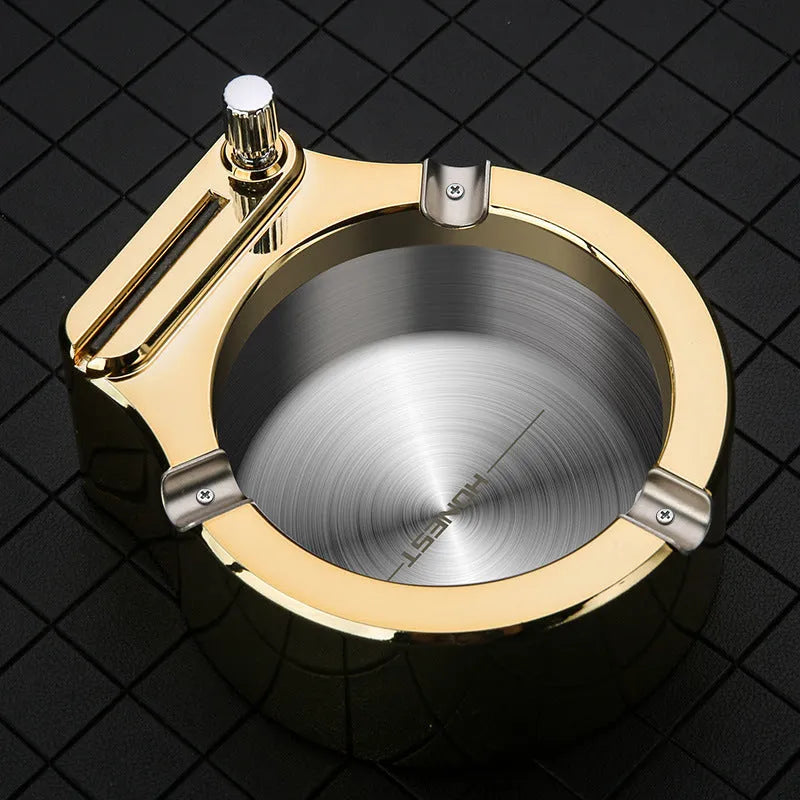Blue metal ashtray with permanent match lighter and three cigarette slots