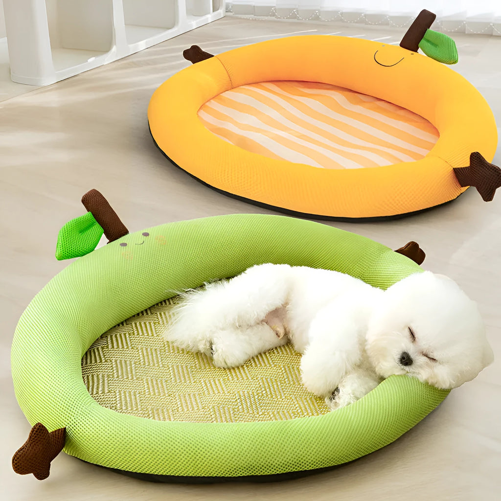 Green fruit-shaped pet bed with raised edges and cushion mat for cats and dogs