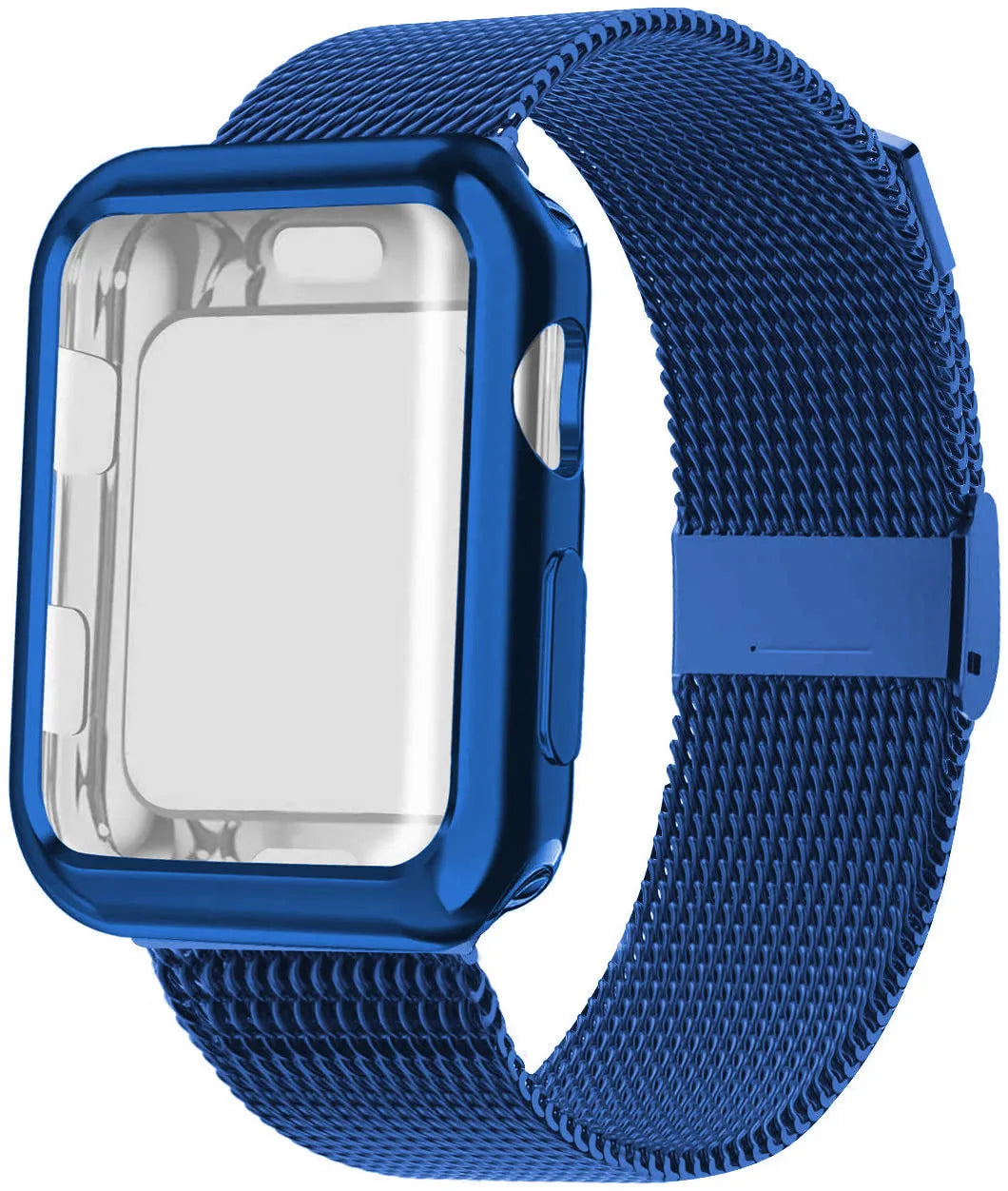 Magnetic Milanese metal band for Apple Watch in silver on a 42mm watch, showing adjustable clasp.