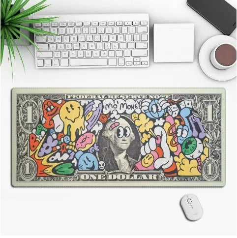 Anime-themed gaming mouse pad on a desk, showing non-slip rubber base and printed cloth surface.