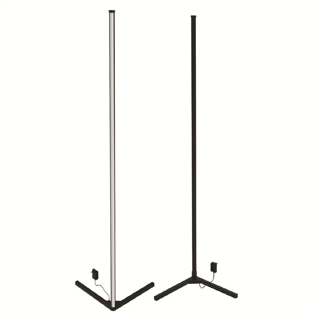 Black smart RGB floor lamp with remote control showing coloured lighting effects
