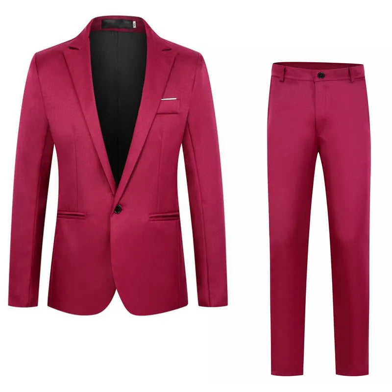 Men's loose-fit wedding suit jacket in acetate fibre, shown in multiple colours including black, grey, and wine red.