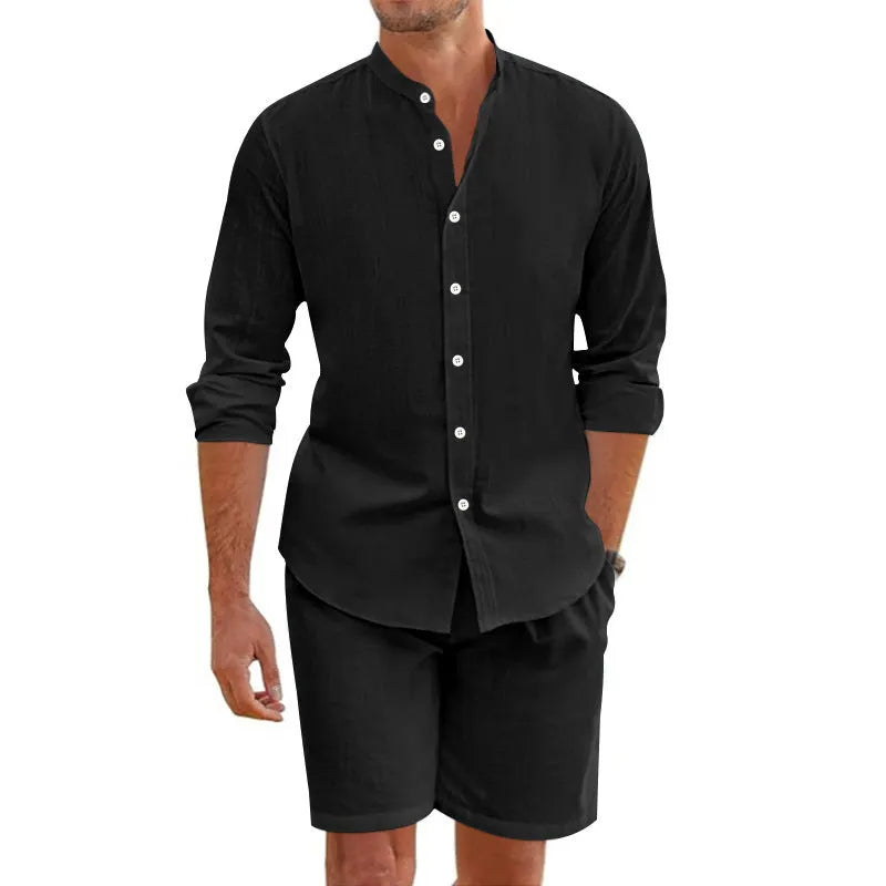 Men's linen blend summer set with lapel shirt and drawstring shorts in multiple colour options