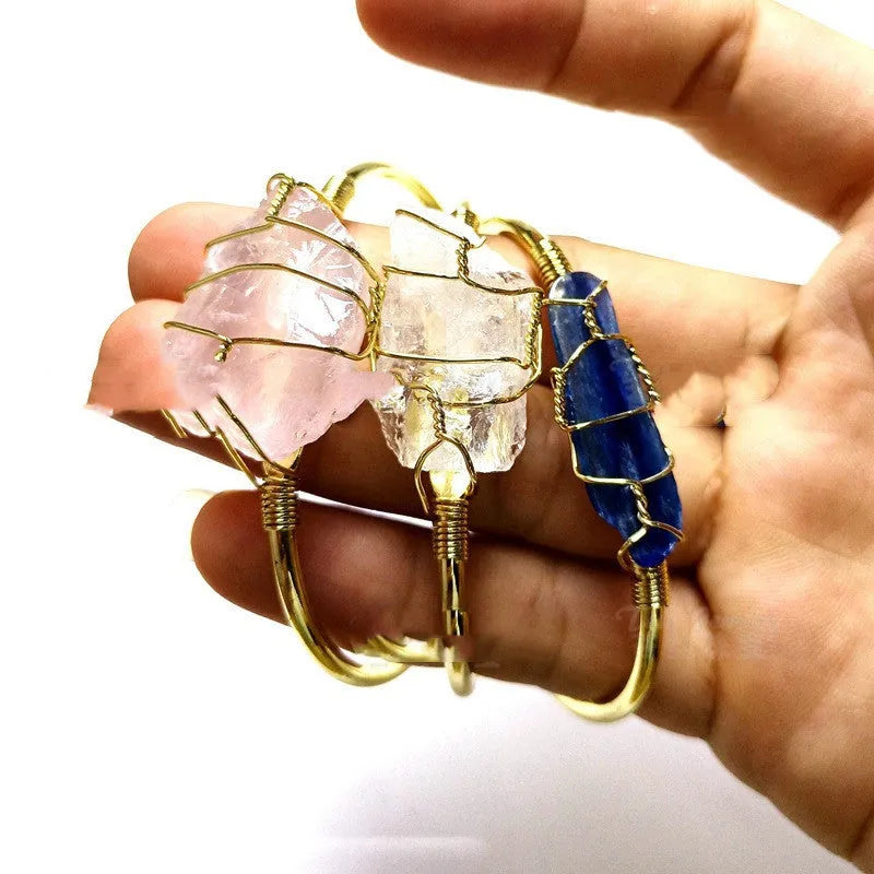 Natural crystal rough stone bracelet with gold winding geometric design and mixed colour bohemian styling