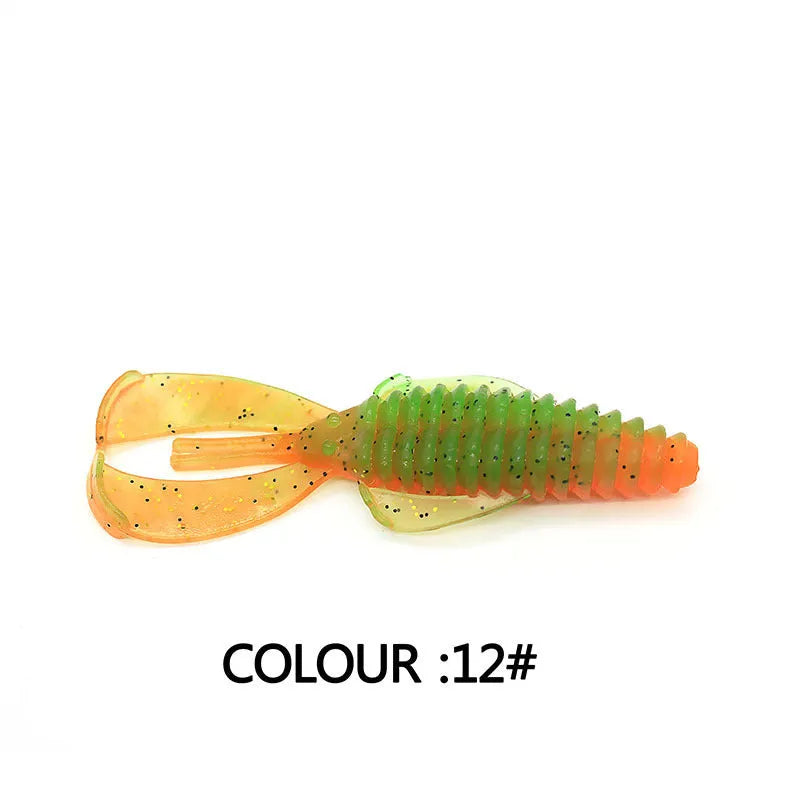 PVC soft plastic fishing lure in two sizes: a smaller 8cm and a larger 12cm model, shown in a selection of colour variations.