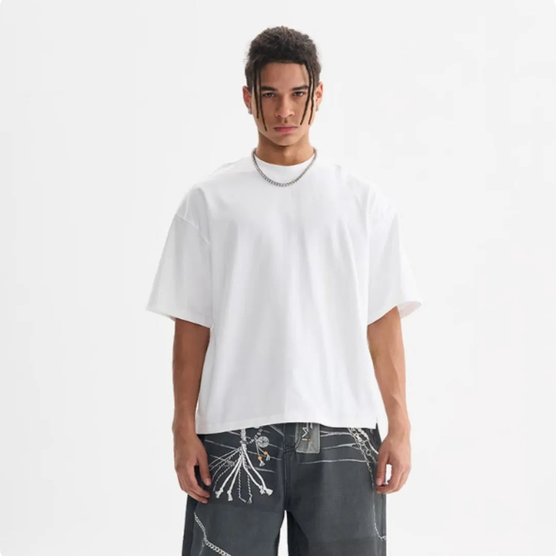 Men's loose fit pure cotton T-shirt in apricot colour, short sleeves, American style.