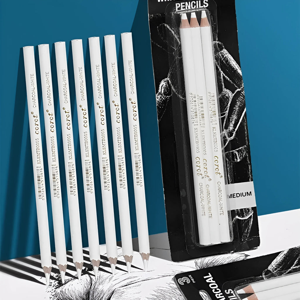Three white charcoal pencils with wooden casings for drawing on dark paper