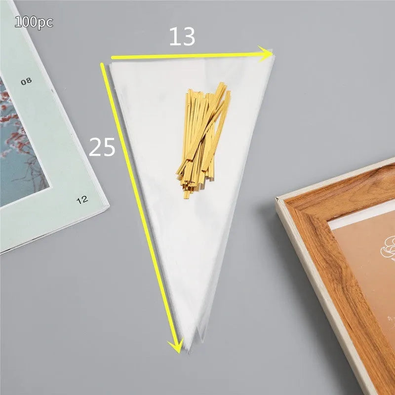 Transparent triangle-shaped plastic OPP bag with a silver tie wire closure, shown in a pack.
