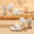 Square toe flip-flops with chunky woven heel in white and apricot colours on a rubber sole.