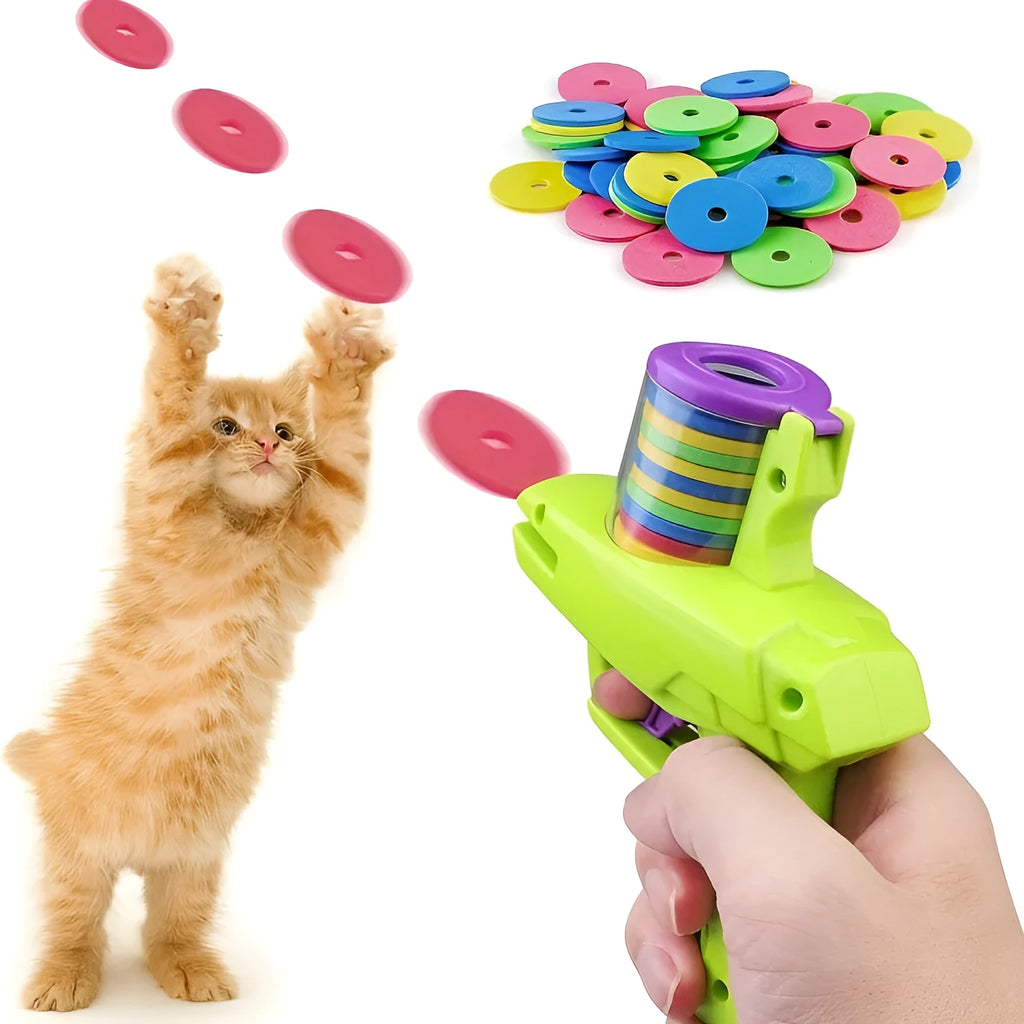 Green interactive cat toy launcher with foam disc for indoor pet play