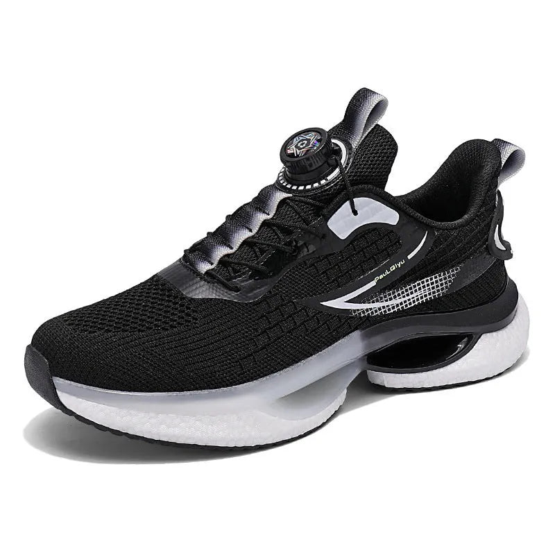 White low-top running shoes with a rotating buckle closure and Fly-knit mesh upper.