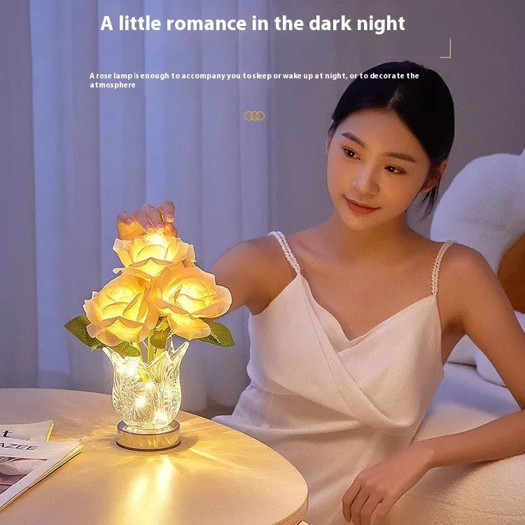 Modern crystal flowers rechargeable table lamp with touch dimming control on a wooden surface.