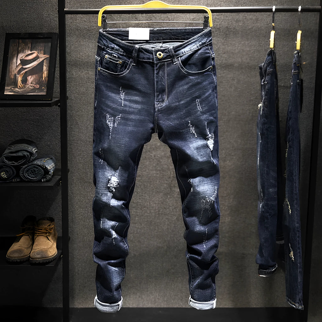 Men's slim fit skinny jeans in dark blue cotton denim with micro elastic fabric