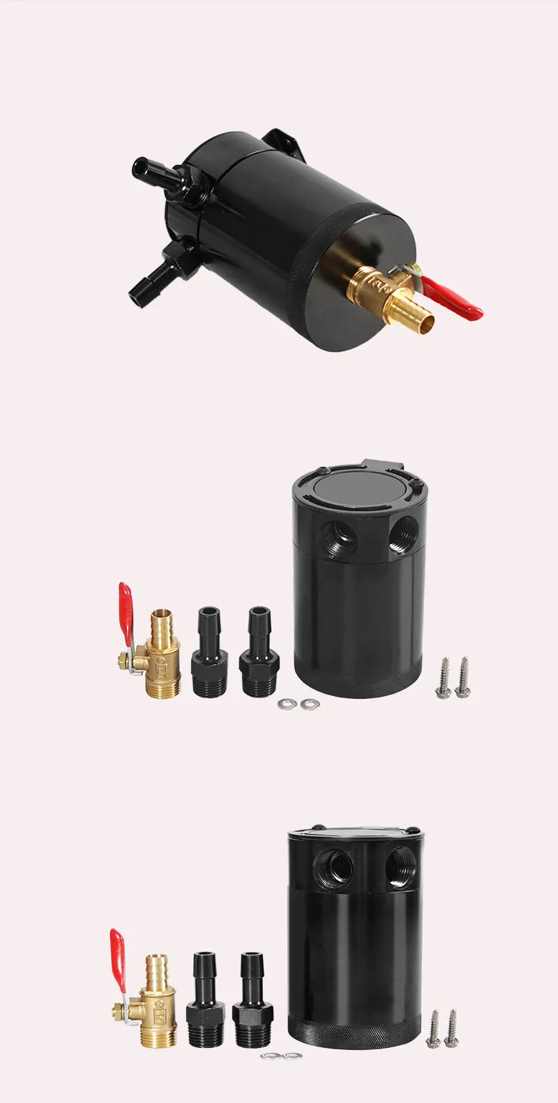 Black automotive aluminium oil pot with two-hole design and optional drain valve for workshop use