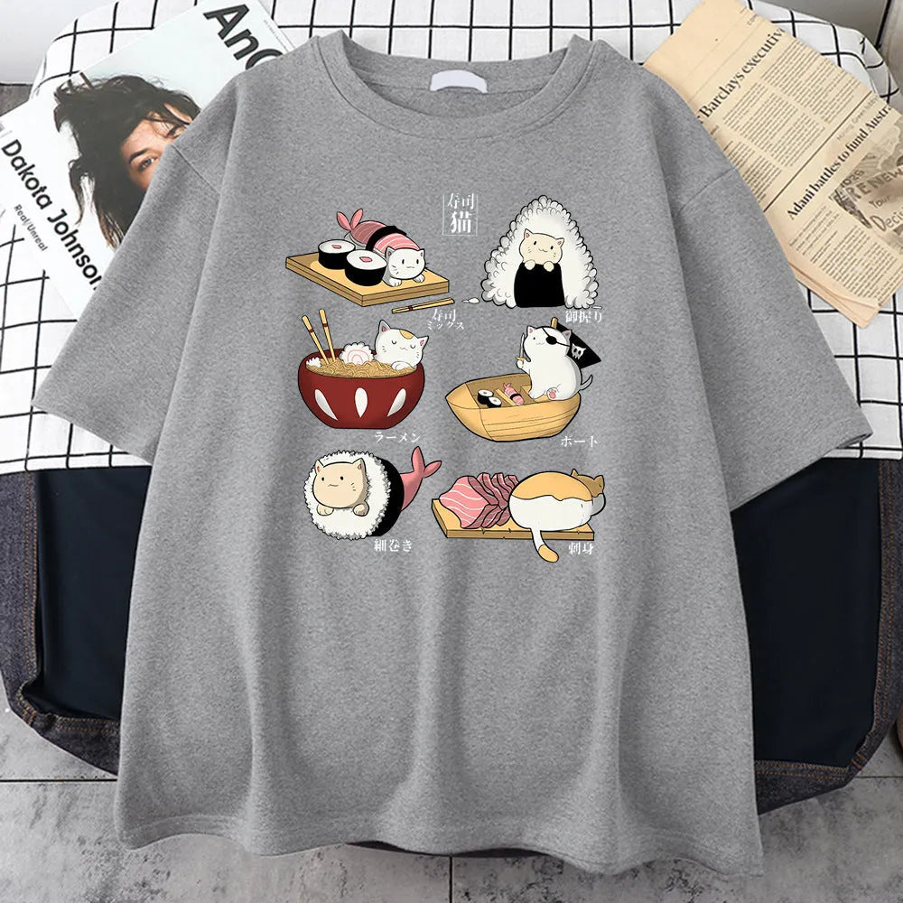 Men's black cotton T-shirt with printed cat sushi cartoon design, short sleeves, loose fit