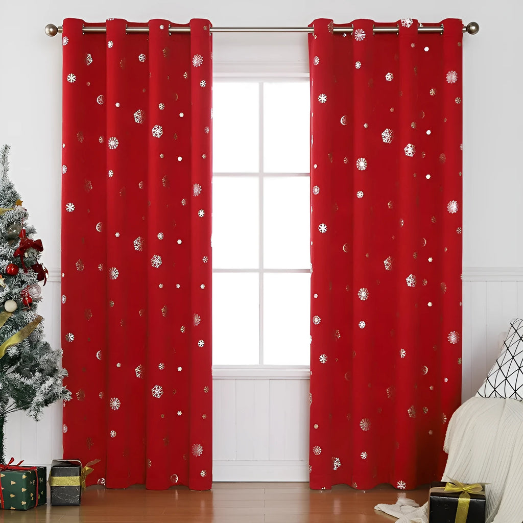 Polyester shade cloth curtain with snowflake pattern in red or green with lace loop or iron hoop trim