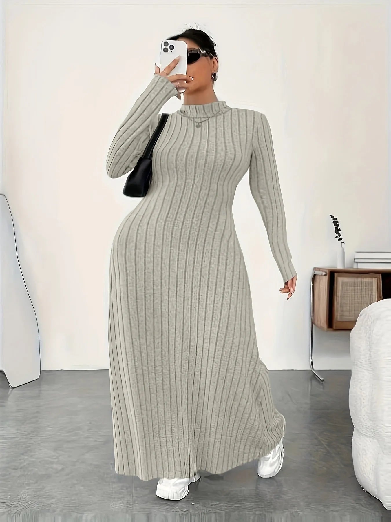 Women's Plus Size Turtleneck Dress Autumn Winter Long Sleeve Casual Knitted Stripe Dress for Ladies Polyester Fabric, Black Army Green Milky White, Size XL to XXXXXL, Asian Sizing