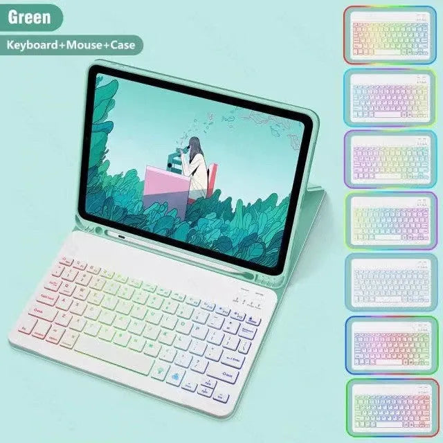 Colourful iPad leather case with attached luminous RGB backlit Bluetooth keyboard on a desk.