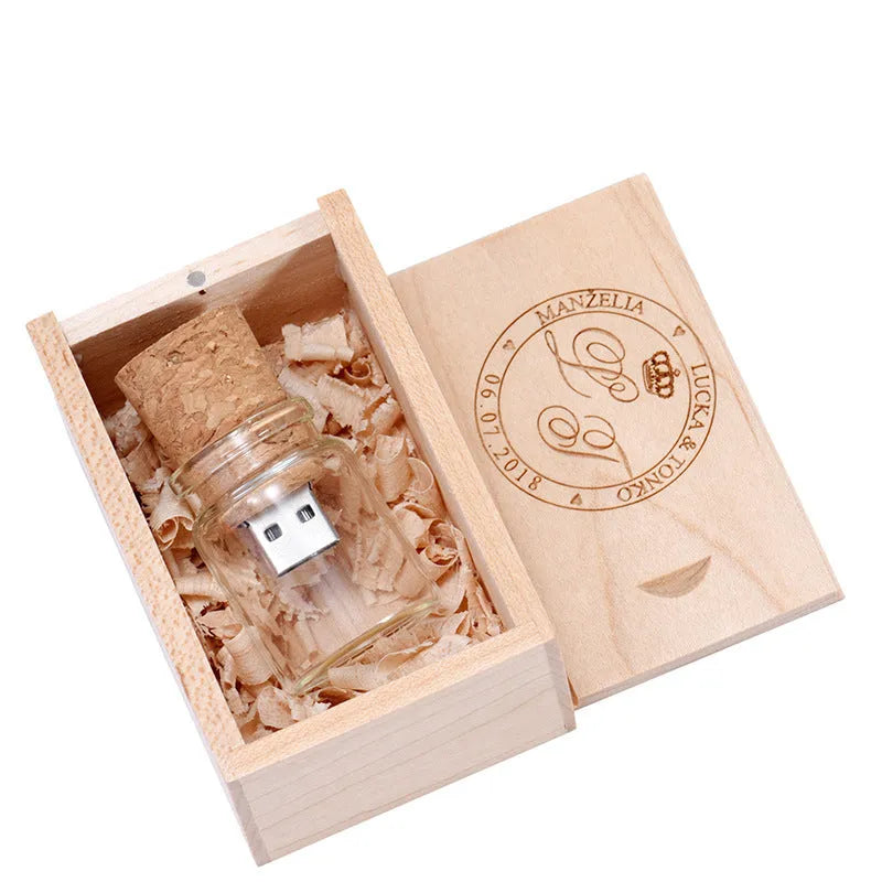 Chocolate brown wooden USB flash drive with drift bottle design showing custom engraving option