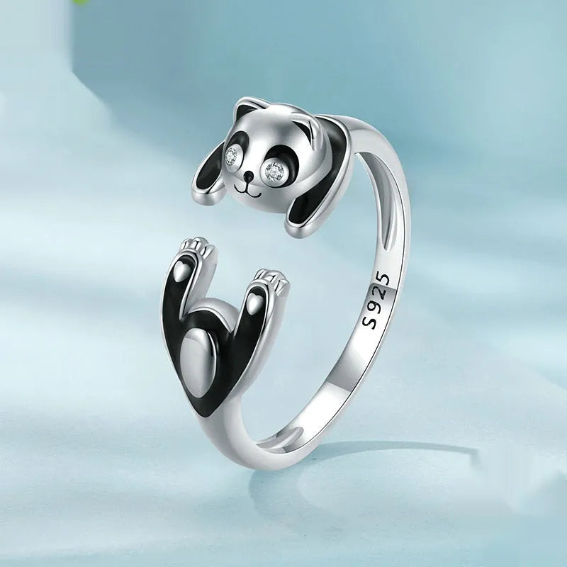 Adjustable sterling silver panda open ring bracelet with white gold plating.