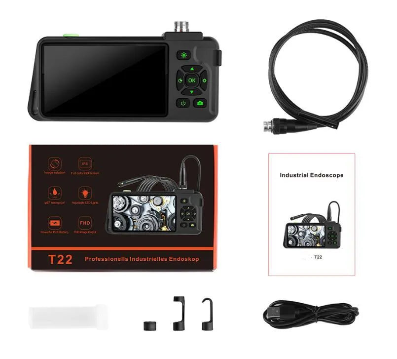 Handheld industrial endoscope with 4.5-inch screen and a 5.5mm camera probe on a 1-metre cable for pipeline inspection