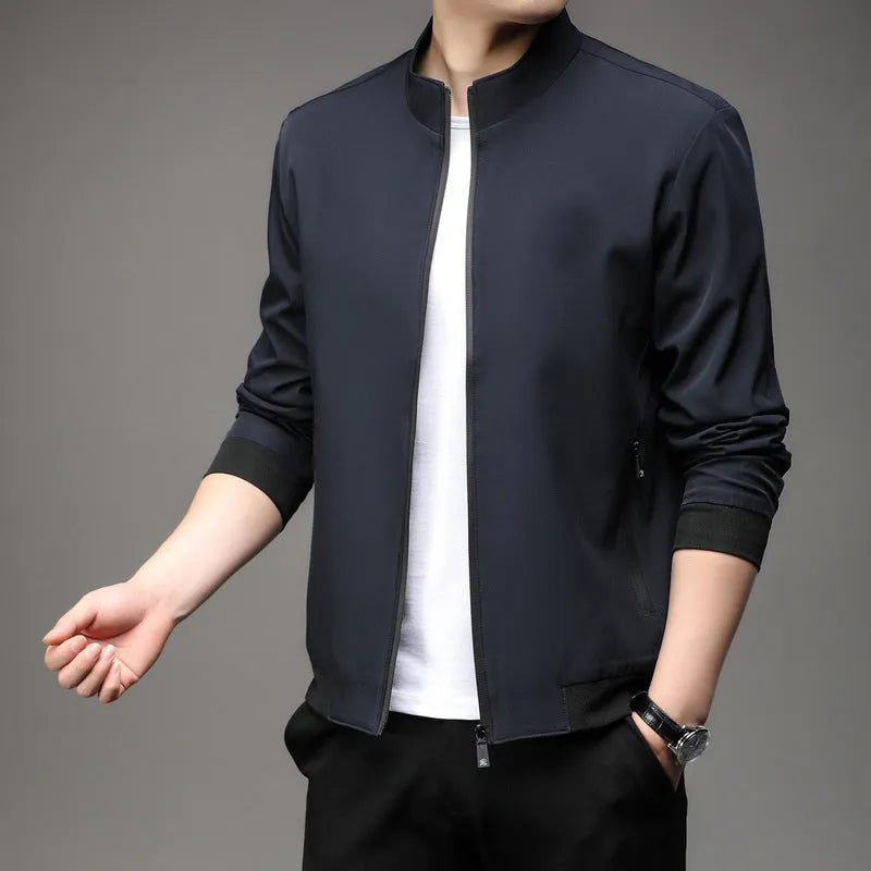 Korean-style men's loose lapel autumn jacket in a casual blue colour with zippered pockets.