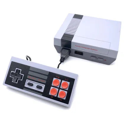 NES retro gaming console with two controllers, AV cable, and power supply on white background
