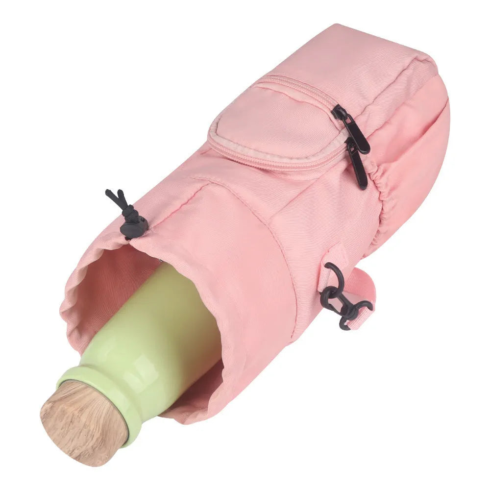 Canvas water bottle shoulder bag with crossbody strap in black, green, and pink colour options.