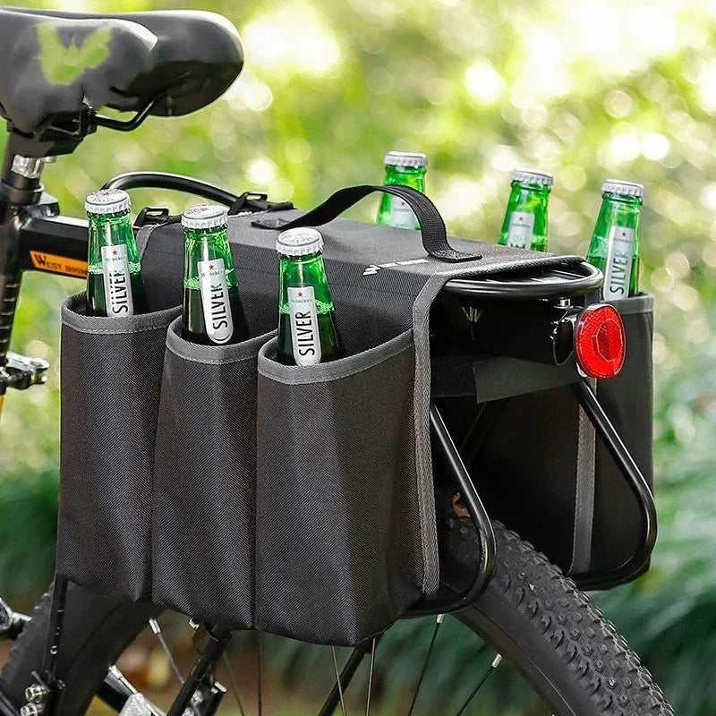 Black bicycle double-sided drink shelf bag mounted on bike frame with 2L capacity