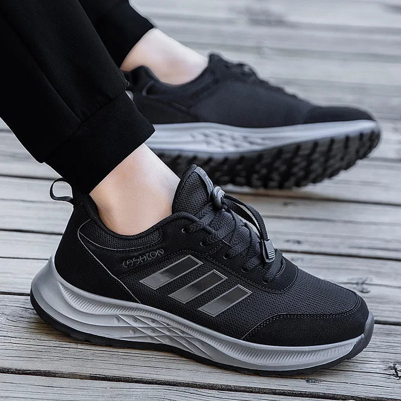 Men's and women's elastic band slip-on casual shoes in mesh material, showing colour options.