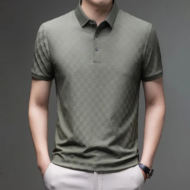 Rhombus thin ice silk short sleeve T-shirt in black featuring a slit design on the body.