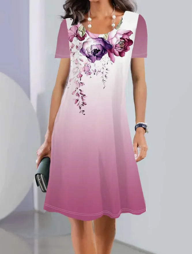 Women's floral print mid-length dress with short sleeves and A-line skirt in ice silk fabric