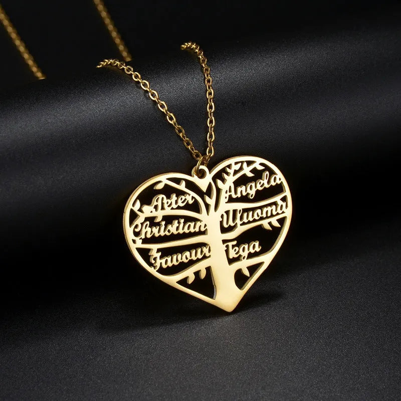 Custom stainless steel name necklace with hollow heart and lucky tree pendant in silver, gold, or rose gold.