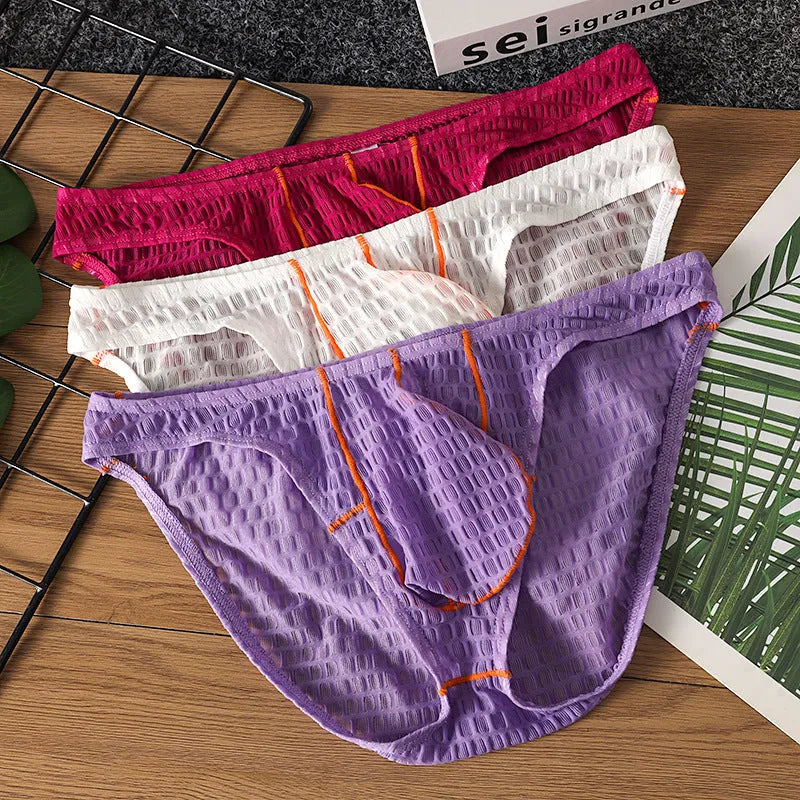 Men's low-waist ice silk lace briefs in white, black, green, red, and purple colours.
