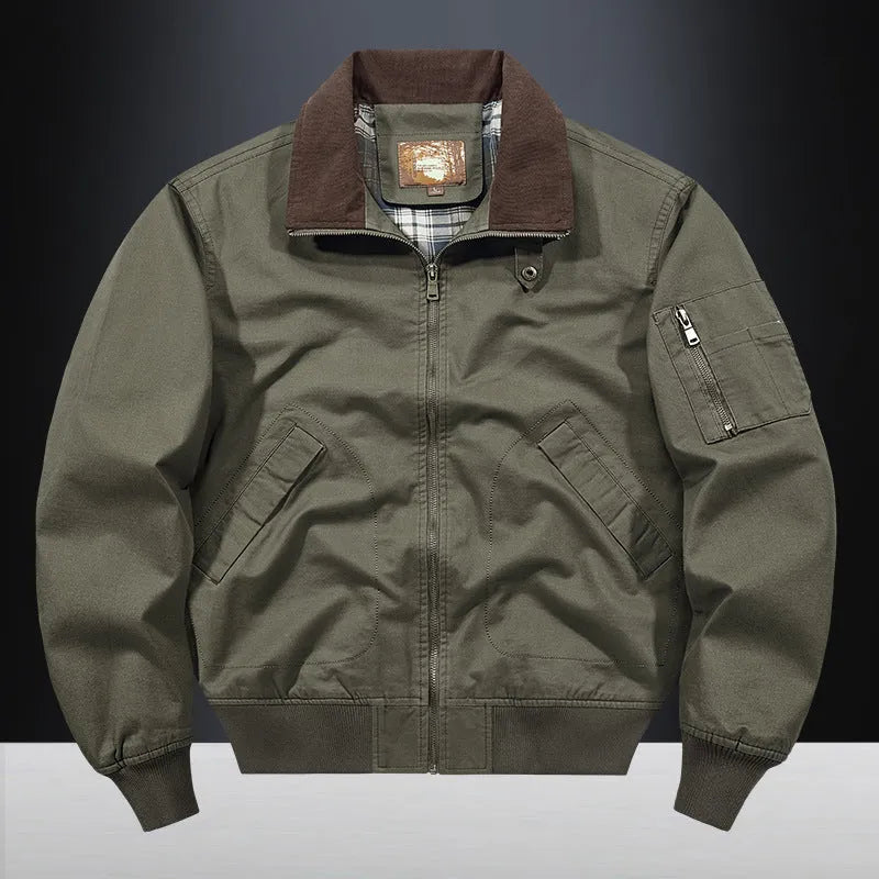 Men's washed cotton baseball flight jacket in Army Green colour on a hanger