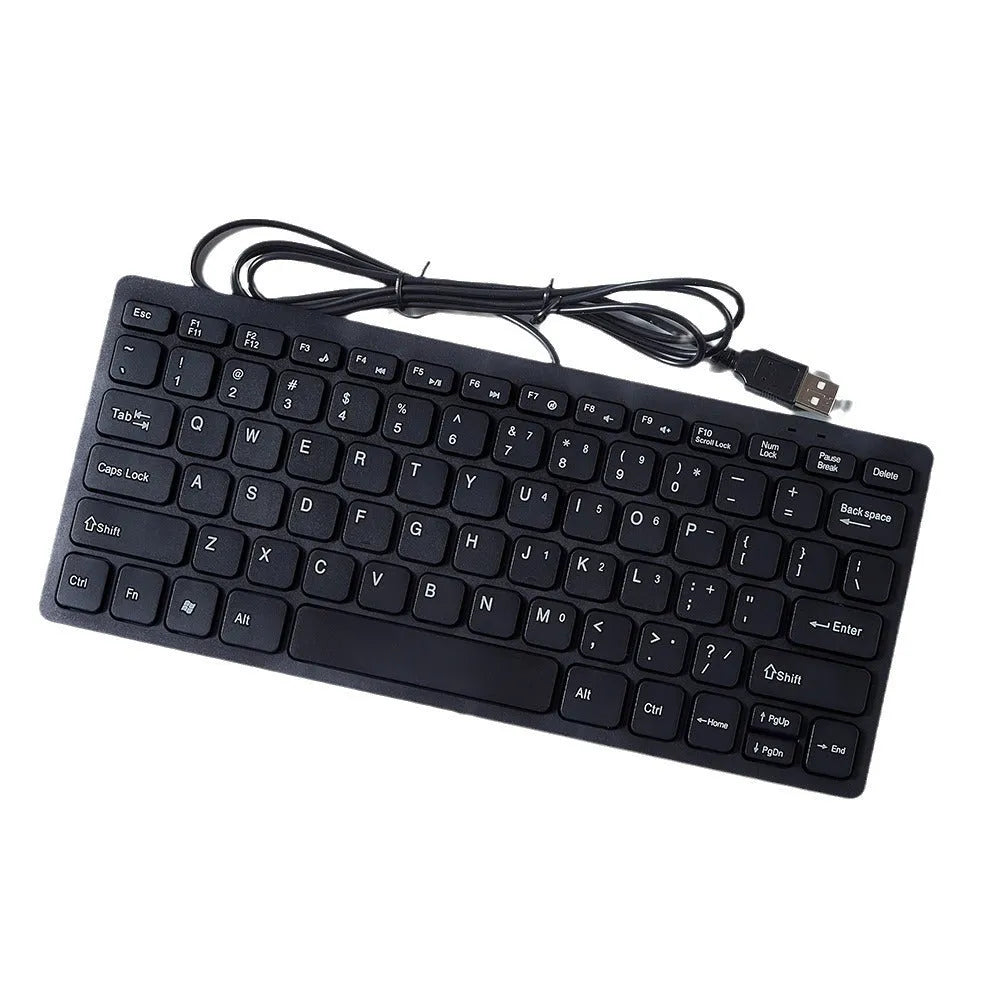 USB wired mini keyboard in black with compact 280mm width and noiseless keys for laptop use