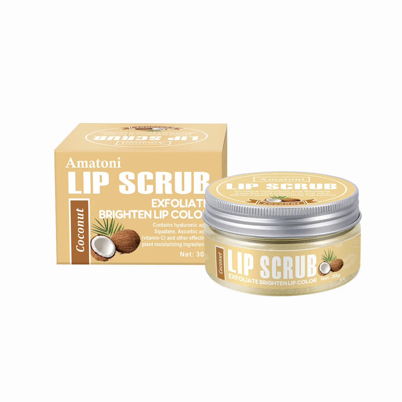 Amatoni lip scrub cream pot in choice of coconut, raspberry, vanilla or watermelon flavour, 30g size