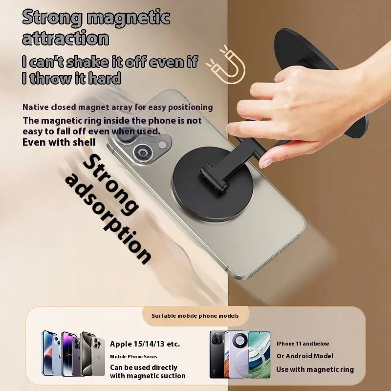 360 rotating foldable phone stand in black ABS material on a desk for live streaming
