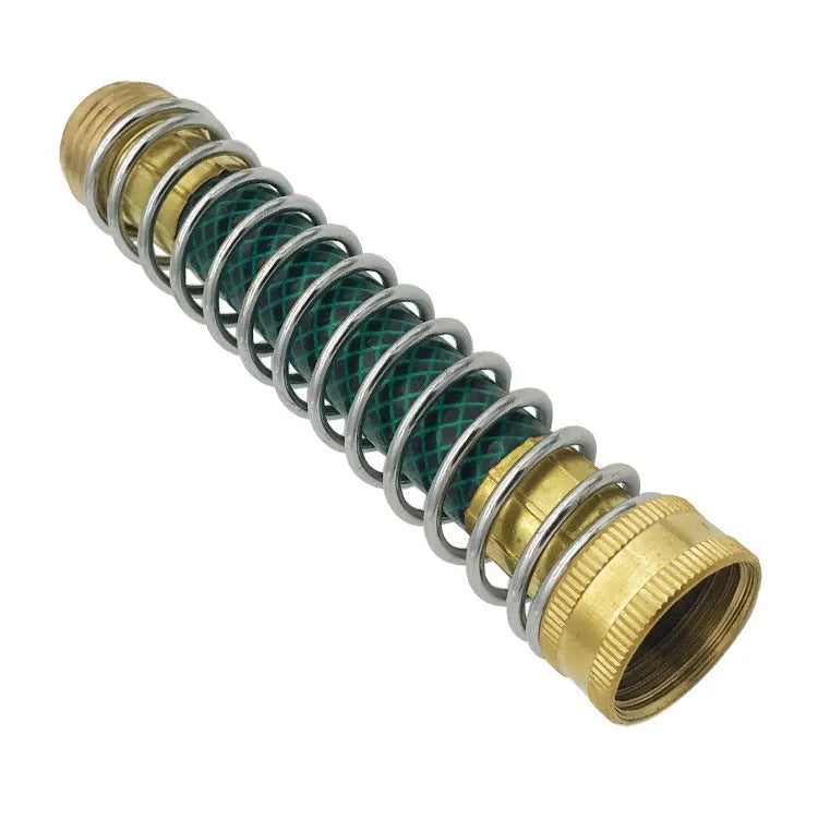 Brass spring hose connector for garden irrigation with 15cm length and threaded connections