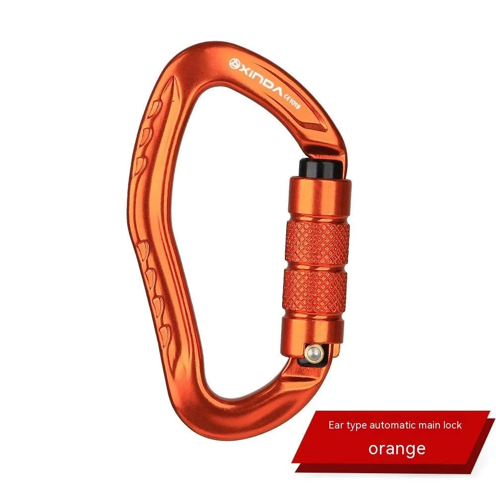 Automatic lock climbing carabiner in black, blue, orange, red, and silver colours for outdoor equipment
