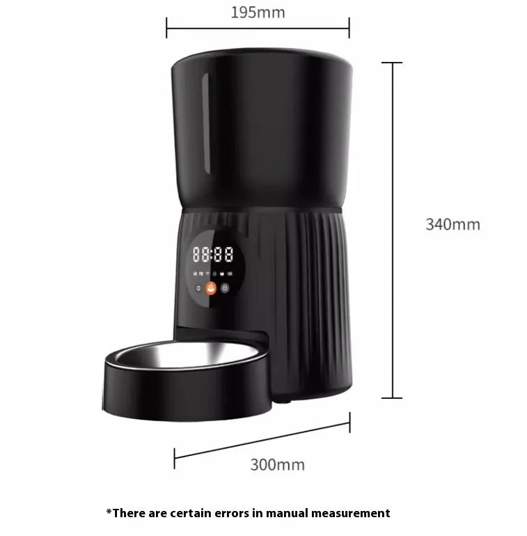 Black and white intelligent pet feeder with automatic timing and remote control functions