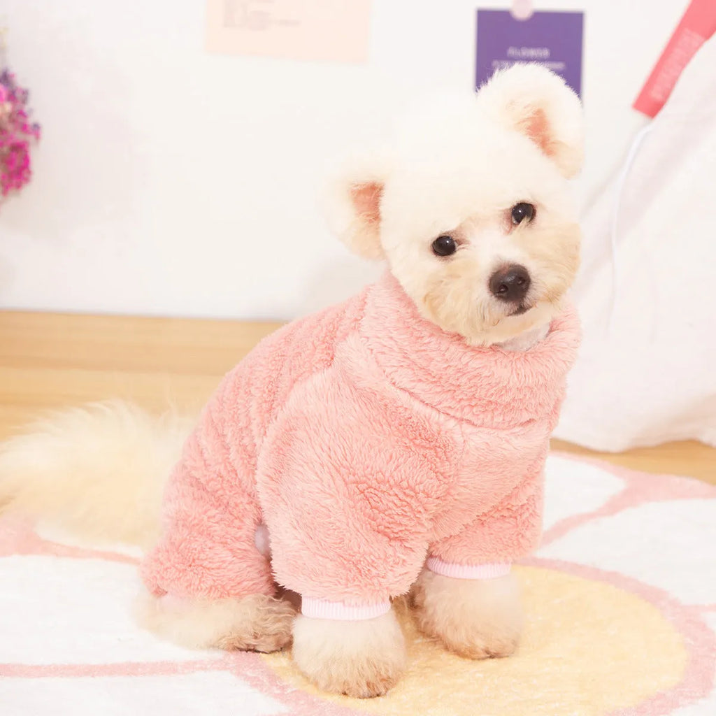 Blue double-sided plush dog clothing with high collar and towing ring on model dog