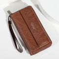Men's black PU leather long wallet with multiple card slots, shown closed.