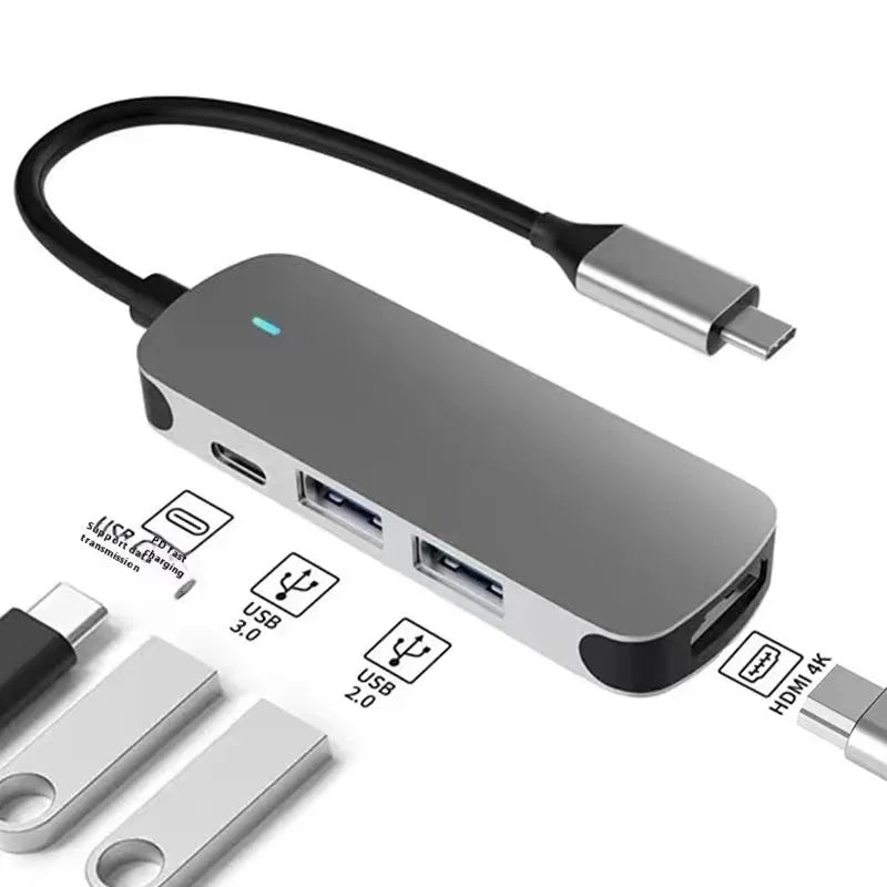 USB-C 7-in-1 expansion dock with HDMI port, USB 3.0 ports, and card readers connected to laptop