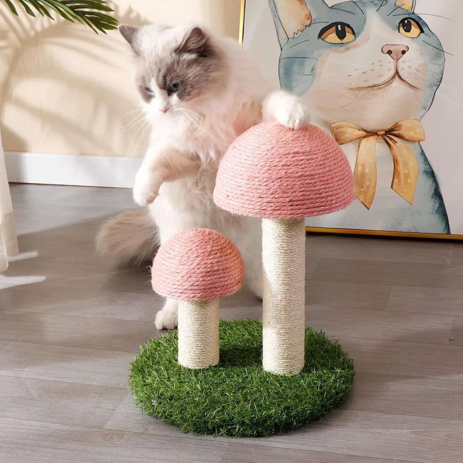 Pink mushroom-shaped cat scratching post with natural sisal scratching surfaces for small cats