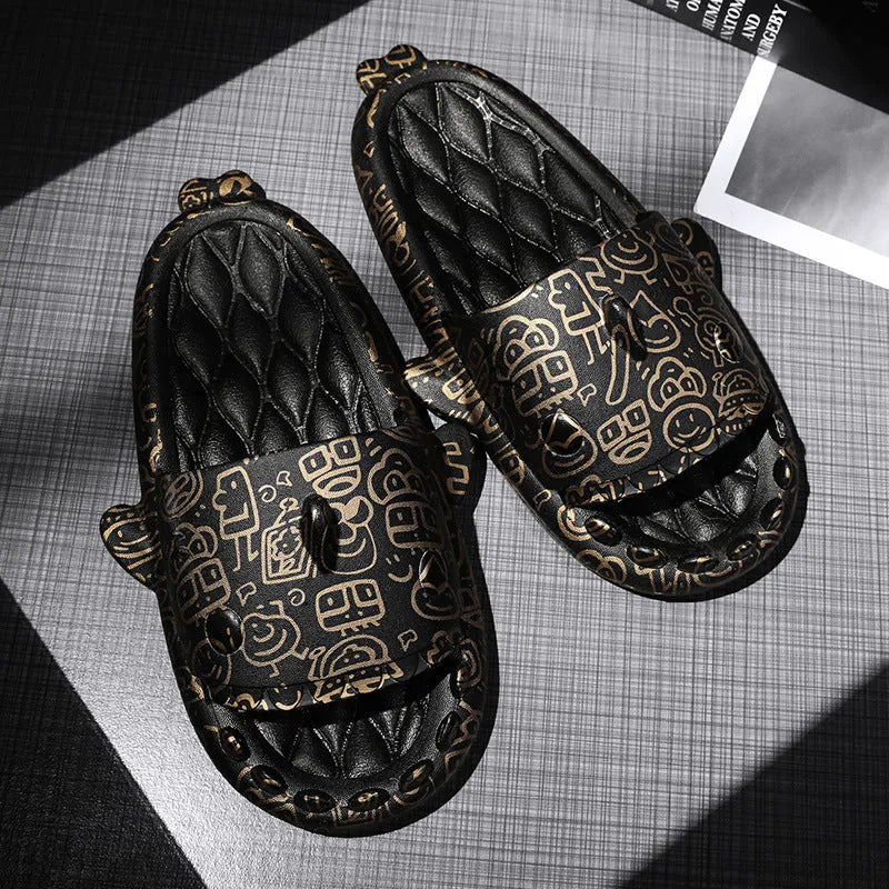 Shark design EVA open toe home slippers for men and women in various colours.